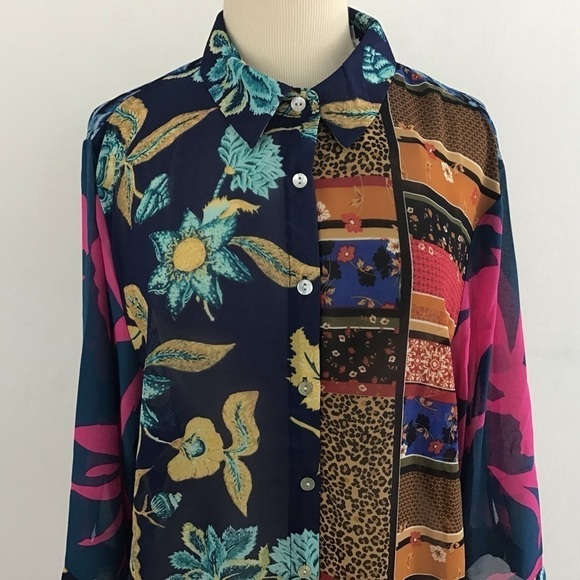 Rose & Olive lagenlook shear print button up 3/4 sleeve tunic/coverup 1X NWT - Picture 2 of 9